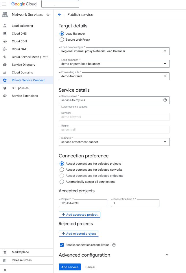 Screenshot of step 9: Creation of PSC Service Attachment Screenshot of step 9: Creation of PSC Service Attachment