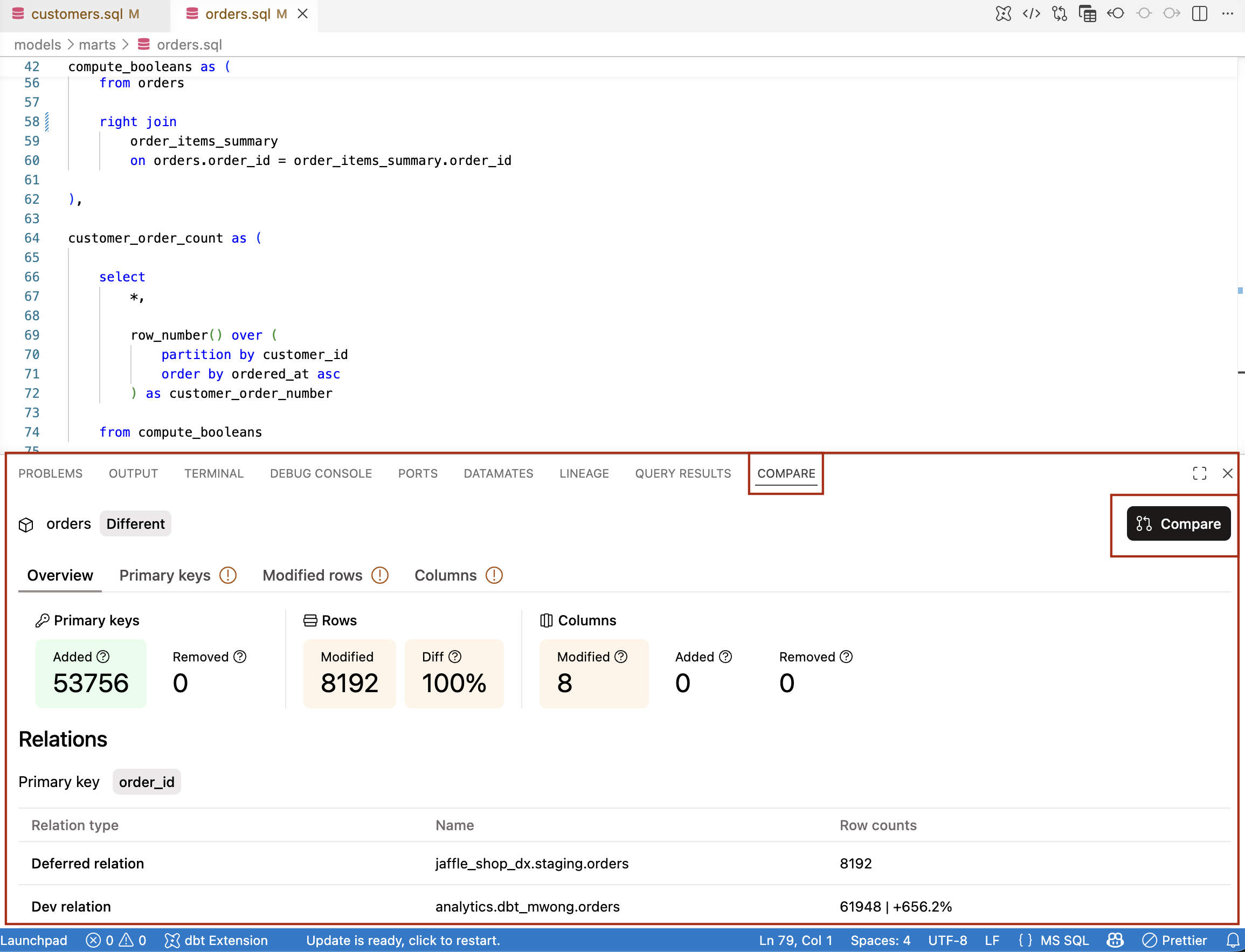 Make changes to a model and see the changes in the Compare tab